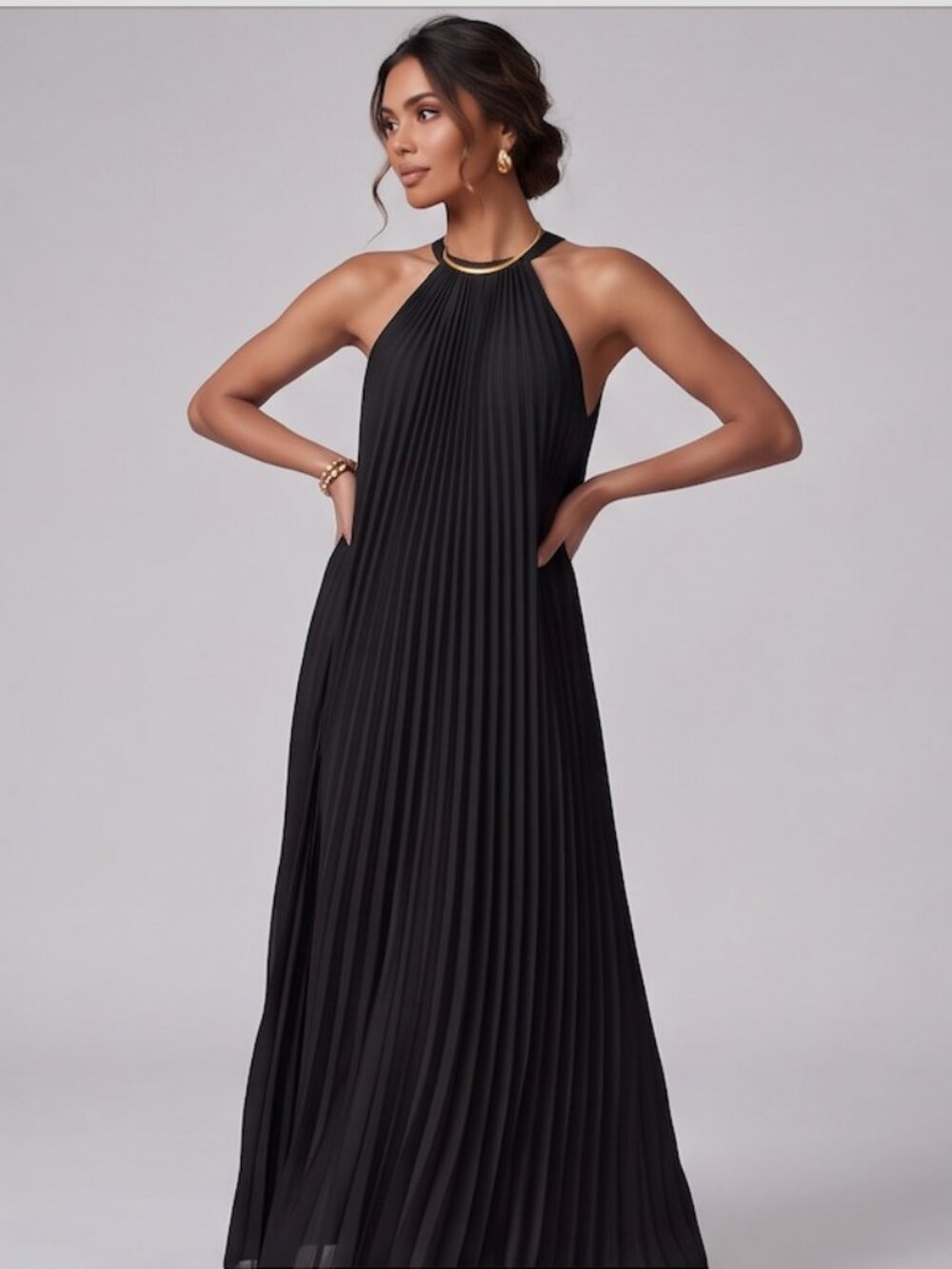 Black Accordion Pleated Halter Maxi Dress